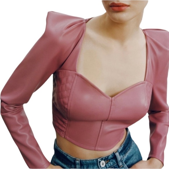 Zara Tops - Zara Women’s Size Medium Pink Faux Leather Marsala Crop Top Long Sleeve